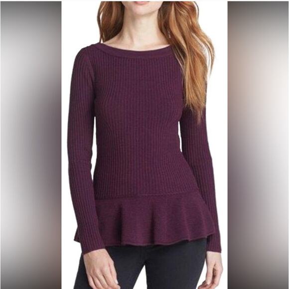 Tory Burch Sz Small Pull Over Sweater Ribbed Long Sleeve 100% Merino Wool Peplum - Picture 1 of 11